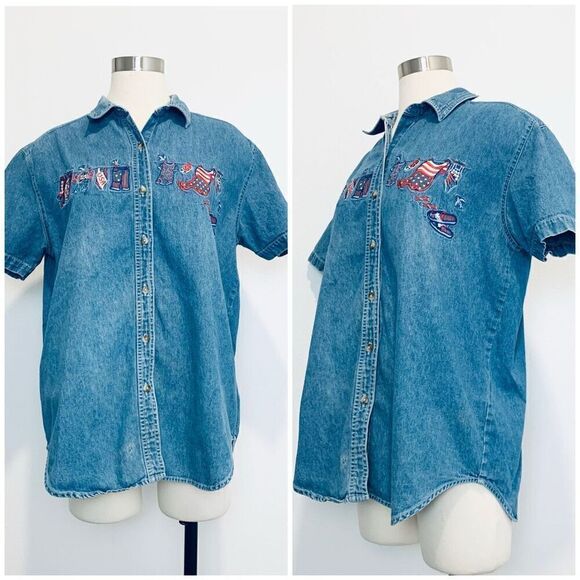 Vintage Cabin Creek Fourth July Holiday Denim Jean Shirt Button Down L - Picture 1 of 8